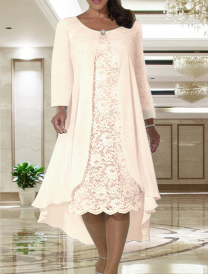 Two Piece A-Line Mother of the Bride Dress Wedding Guest Elegant Plus Size Jewel Neck Tea Length Chiffon Lace Short Sleeve Jacket Dresses