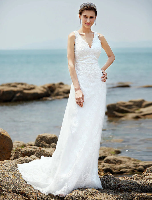 Wedding Dresses Sheath / Column V Neck Sleeveless Court Train Lace Bridal Gowns With Appliques Button