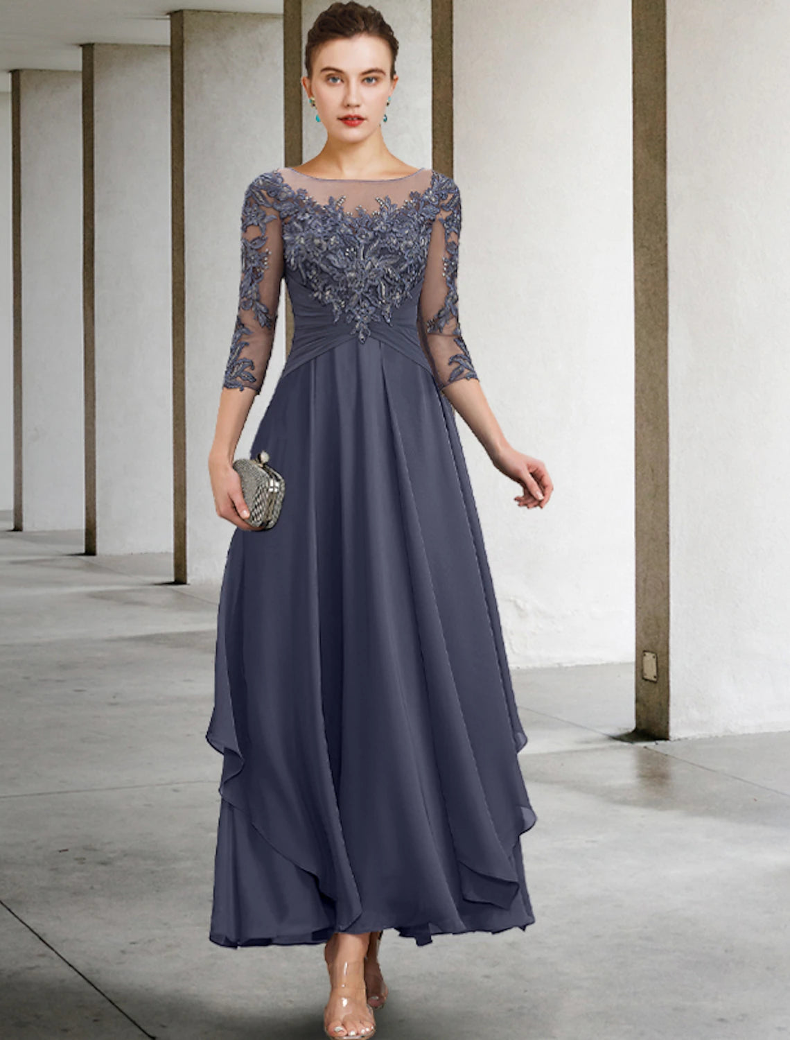 A-Line Mother of the Bride Dress Wedding Guest Elegant Plus Size Jewel Neck Ankle Length Chiffon Lace 3/4 Length Sleeve