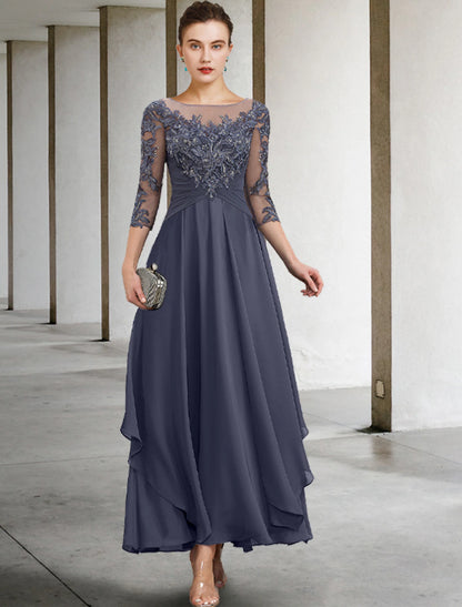 A-Line Mother of the Bride Dress Wedding Guest Elegant Plus Size Jewel Neck Ankle Length Chiffon Lace 3/4 Length Sleeve