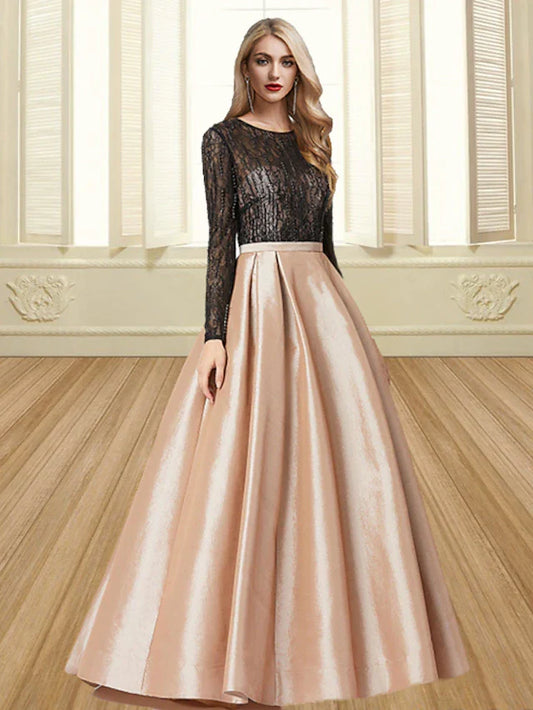 Evening Gown Color Block Dress Engagement Floor Length Long Sleeve Jewel Neck Satin with Pleats