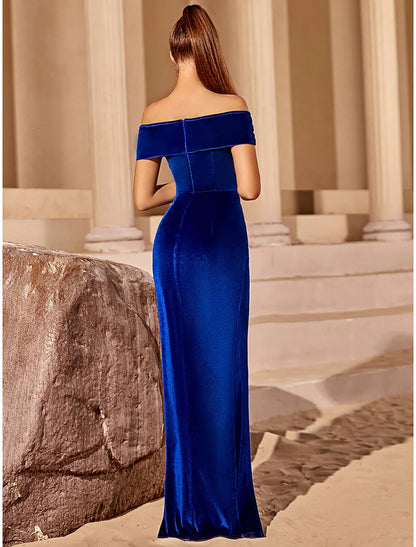 Evening Dresses Elegant Dress Party Wear Floor Length Short Sleeve Off Shoulder Velvet with Ruched Slit