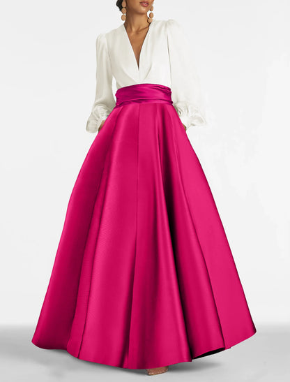 A-Line Evening Gown Elegant Wedding Guest Dress Formal Prom Floor Length Long Sleeve V Neck Satin