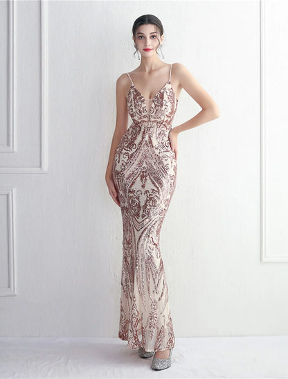 Evening Gown Sparkle & Shine Dress Formal Floor Length Sleeveless Spaghetti Strap Sequined with Sequin