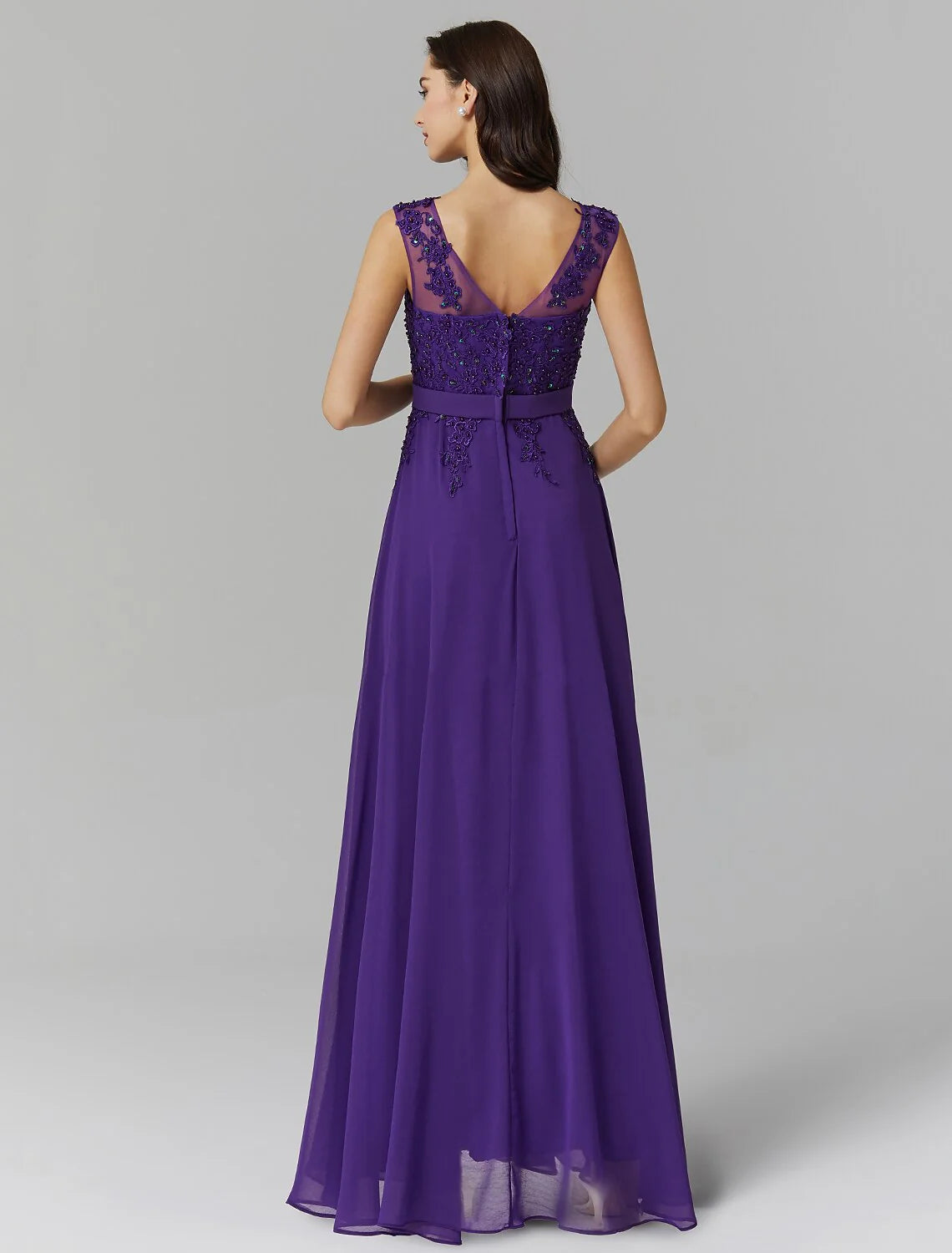 A-Line Evening Dress Wedding Guest Prom Floor Length Sleeveless Illusion Neck Chiffon V Back with Beading Appliques