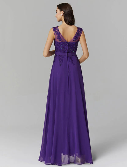 A-Line Evening Dress Wedding Guest Prom Floor Length Sleeveless Illusion Neck Chiffon V Back with Beading Appliques