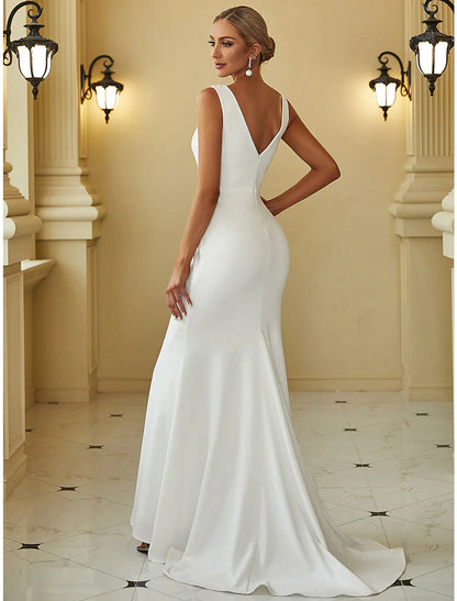 Reception Casual Wedding Dresses Mermaid / Trumpet Scoop Neck Sleeveless Sweep / Brush Train Bridal Gowns With Beading Solid Color