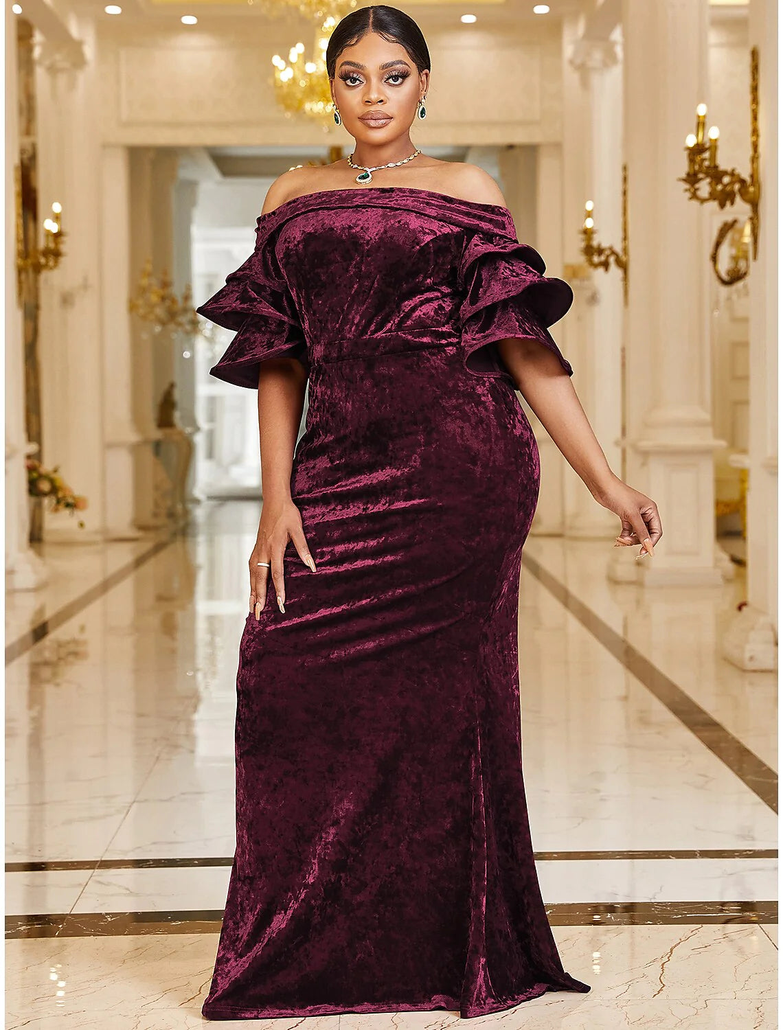 Mermaid / Trumpet Wedding Guest Dresses Plus Size Dress Cocktail Party Sweep / Brush Train Half Sleeve Off Shoulder Velvet with Ruffles