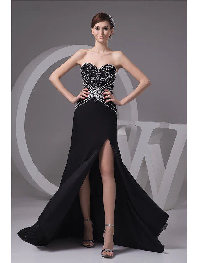 Evening Gown Sexy Dress Formal Evening Court Train Sleeveless Sweetheart Chiffon with Beading Slit