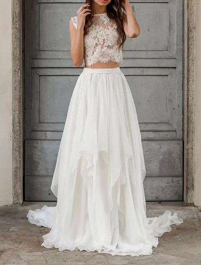 Boho Wedding Dresses Two Piece Scoop Neck Sleeveless Court Train Chiffon Bridal Suits Bridal Gowns