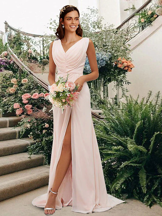 A-Line Bridesmaid Dress V Neck Sleeveless Elegant Floor Length Chiffon