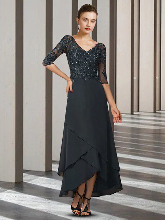 A-Line Mother of the Bride Dress Elegant High Low V Neck Asymmetrical Ankle Length Chiffon Lace Half Sleeve with Beading Ruffles Appliques