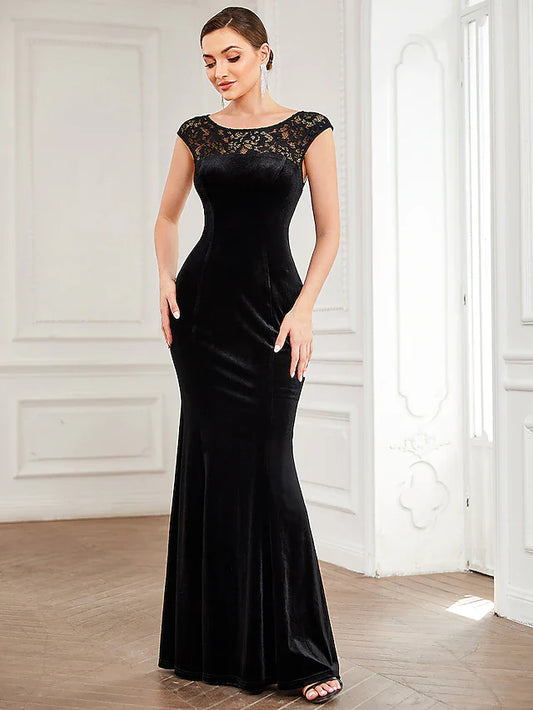 Evening Gown Elegant Dress Formal Floor Length Short Sleeve Jewel Neck Velvet with Lace Insert