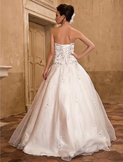 Hall Wedding Dresses Ball Gown Strapless Short Sleeve Floor Length Satin Bridal Gowns With Beading Appliques