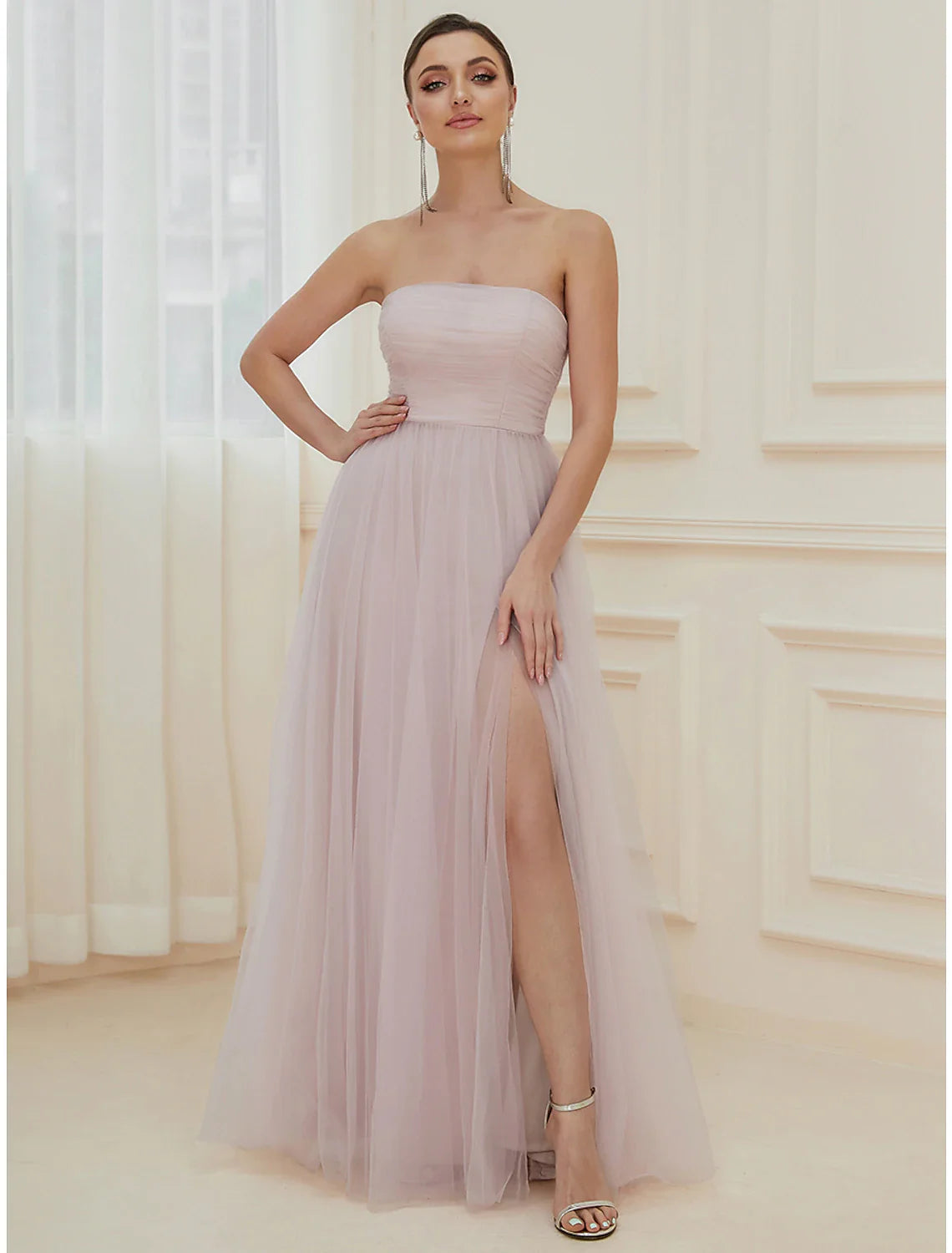 Evening Gown Elegant Dress Wedding Guest Floor Length Sleeveless Off Shoulder Tulle with Pure Color Tiered