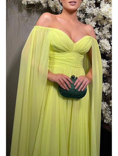 A-Line Evening Gown Elegant Dress Formal Wedding Party Sweep / Brush Train Sleeveless Off Shoulder Capes Chiffon