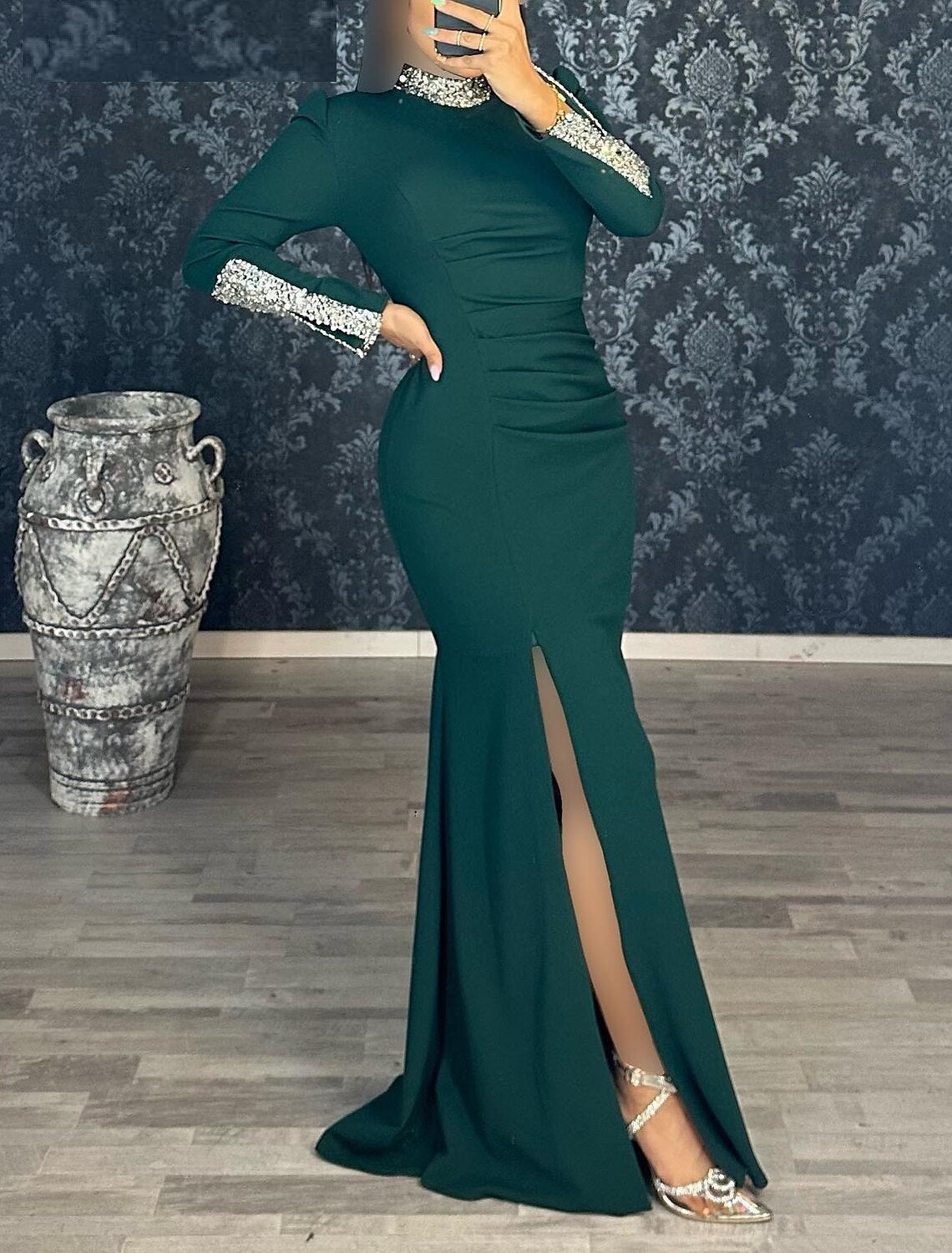 Mermaid / Trumpet Evening Gown Elegant Dress Formal Wedding Guest Floor Length Long Sleeve High Neck Black Dress