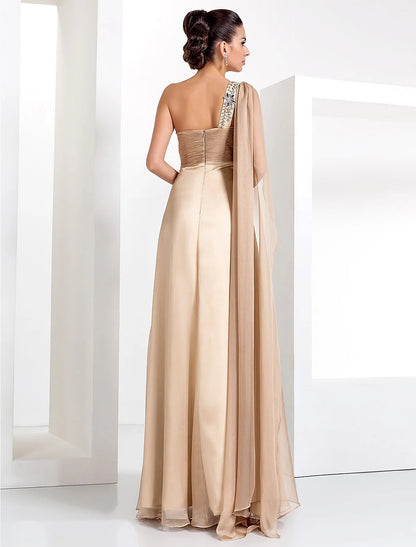 Evening Black Tie Gala Dress One Shoulder Sleeveless Floor Length Chiffon with Criss Cross Crystals