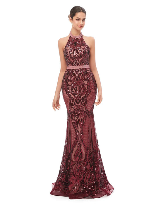 Evening Gown Beautiful Back Dress Prom Floor Length Sleeveless Halter Sequined with Sequin