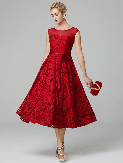 Cocktail Party Tea Length Sleeveless Illusion Neck All Over Floral Lace with Pleats