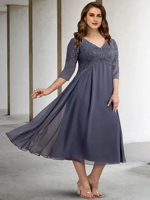 A-Line Plus Size Curve Mother of the Bride Dresses Elegant Dress Formal Tea Length Half Sleeve V Neck Chiffon with Buttons Appliques