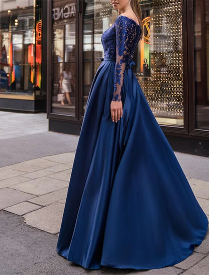 A-Line Evening Gown Party Dress Elegant Dress Wedding Guest Fall Floor Length Long Sleeve Off Shoulder Belt / Sash Satin