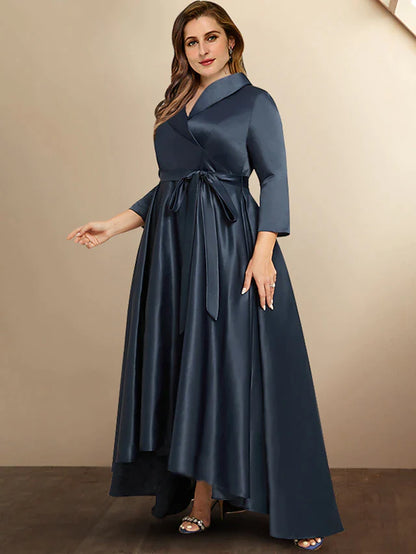 A-Line Plus Size Curve Mother of the Bride Dresses High Low Dress Formal Asymmetrical 3/4 Length Sleeve Shirt Collar Satin with Bow(s) Pleats