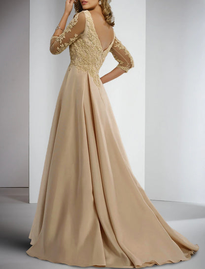Sheath / Column Mother of the Bride Dress Formal Wedding Guest Elegant V Neck Floor Length Satin Lace 3/4 Length Sleeve