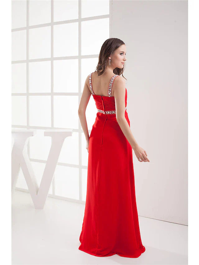 Evening Gown Elegant Dress Formal Evening Floor Length Sleeveless V Neck Chiffon with Ruched Beading Slit