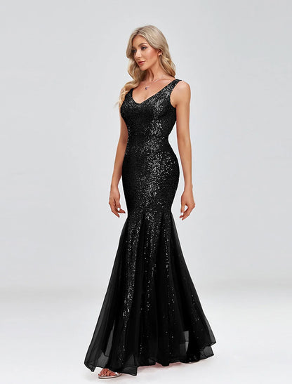 Evening Gown Sparkle Dress Wedding Guest Formal Evening Floor Length Sleeveless V Neck Tulle V Back with Sequin Splicin