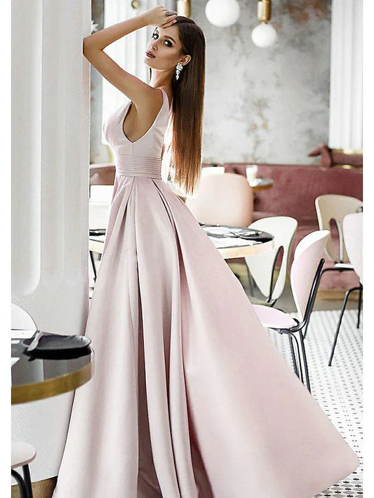 Evening Dress V Neck Sleeveless Sweep / Brush Train Satin with Pleats