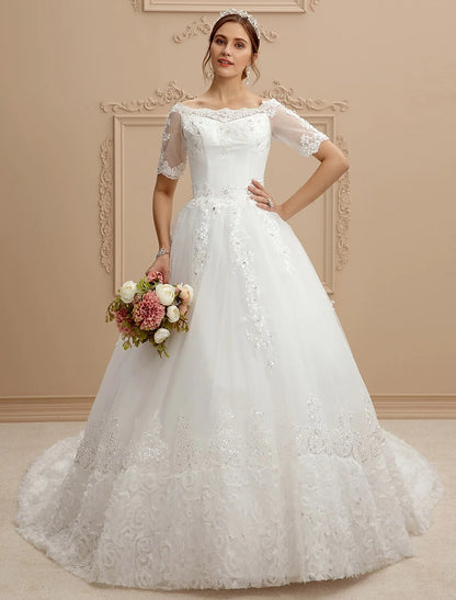 A-Line Bateau Neck Cathedral Train Lace / Tulle Made-To-Measure Wedding Dresses with Lace