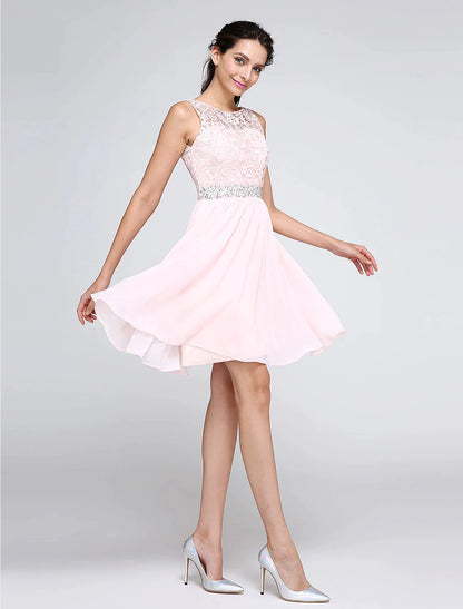 A-Line Special Occasion Dresses Party Dress Homecoming Graduation Short / Mini Sleeveless Illusion Neck Pink Dress Chiffon V Back Low Back with Crystals