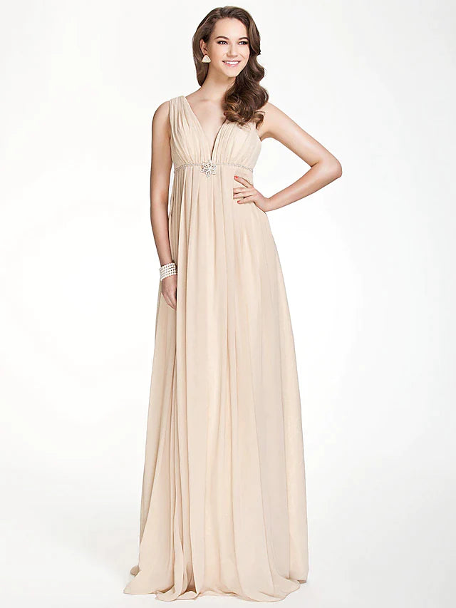 A-Line Bridesmaid Dress V Neck Sleeveless Beautiful Back Floor Length Chiffon