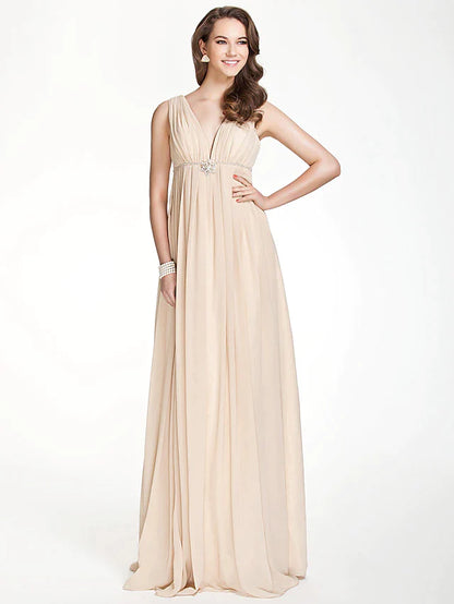 A-Line Bridesmaid Dress V Neck Sleeveless Beautiful Back Floor Length Chiffon