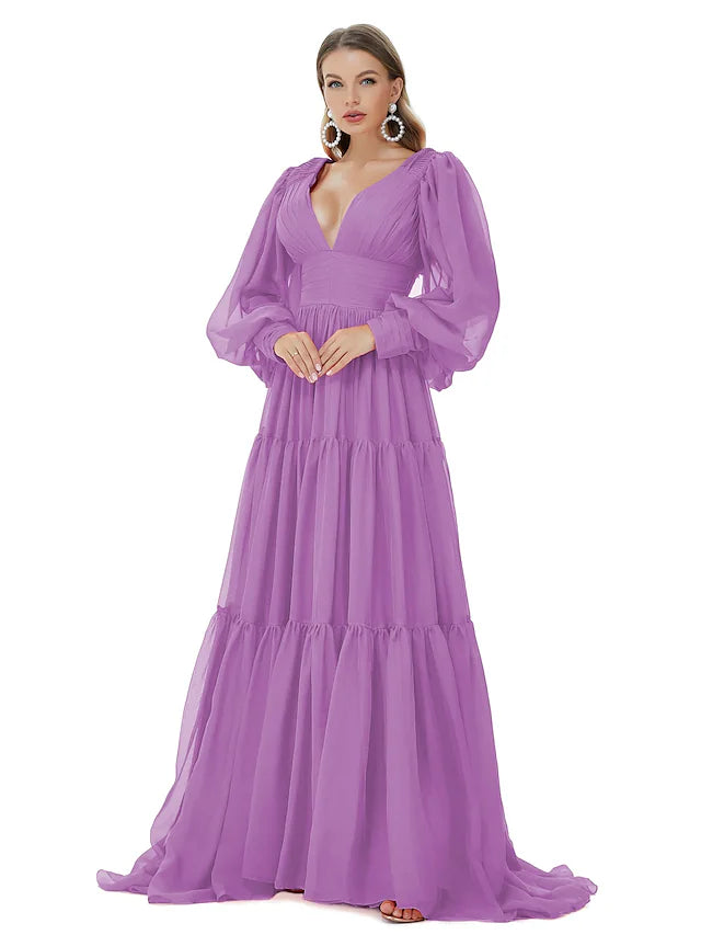 A-Line Evening Gown Sexy Dress Party Wear Sweep / Brush Train Long Sleeve V Neck Chiffon with Ruched