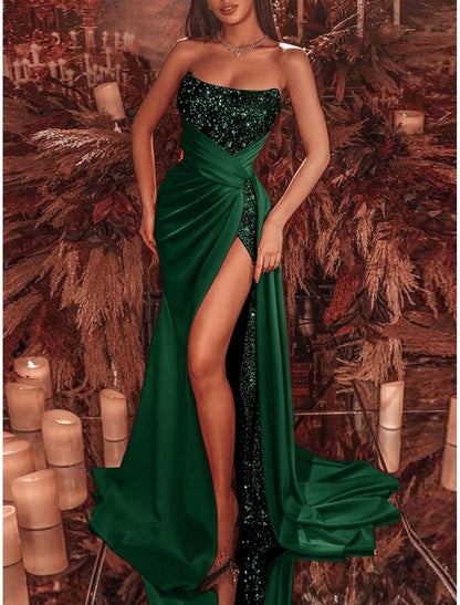 Sheath Evening Gown Celebrity Style Dress Formal Court Train Sleeveless Strapless Sequined