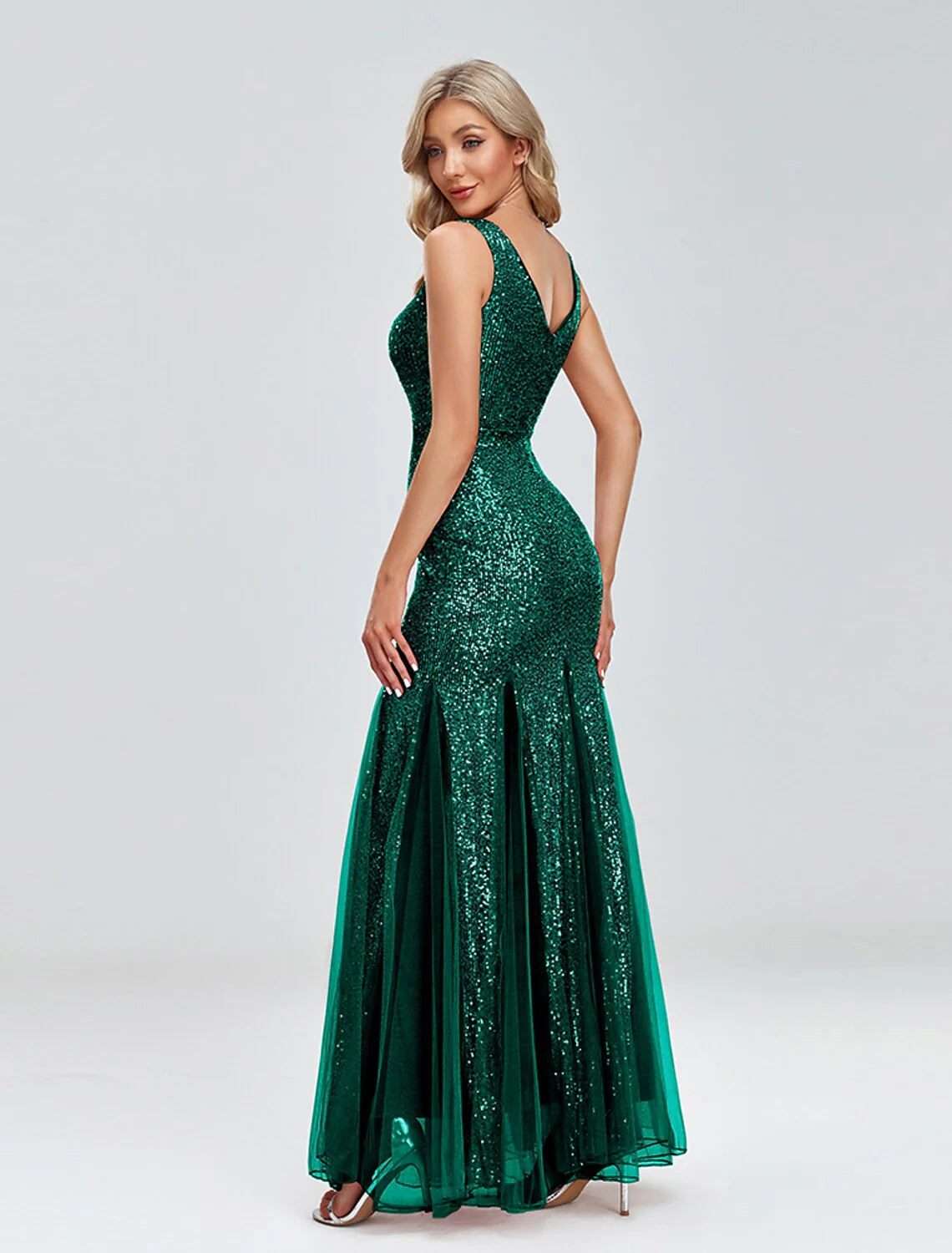 Evening Gown Sparkle Dress Wedding Guest Formal Evening Floor Length Sleeveless V Neck Tulle V Back with Sequin Splicin