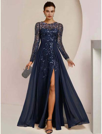 A-Line Mother of the Bride Dress Wedding Guest Elegant Jewel Neck Floor Length Chiffon Lace Sequined Long Sleeve