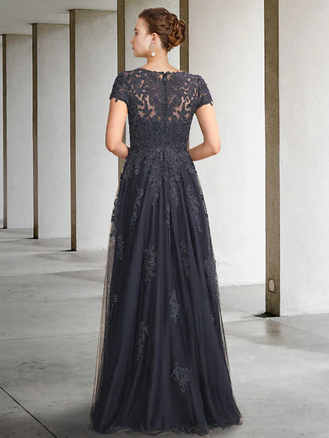 Ball Gown Mother of the Bride Dress Luxurious Elegant Jewel Neck Floor Length Lace Tulle Short Sleeve with Crystals Appliques Ball Gown Mother of the Bride Dress Luxurious Elegant Jewel Neck Floor Length Lace Tulle Short Sleeve with Crystals Appliques