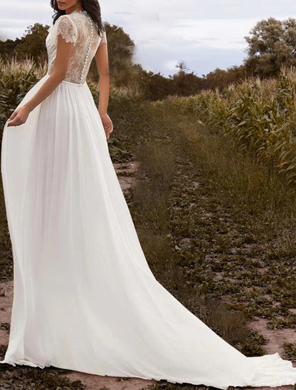 Beach Open Back Wedding Dresses A-Line V Neck Cap Sleeve Court Train Chiffon Bridal Gowns