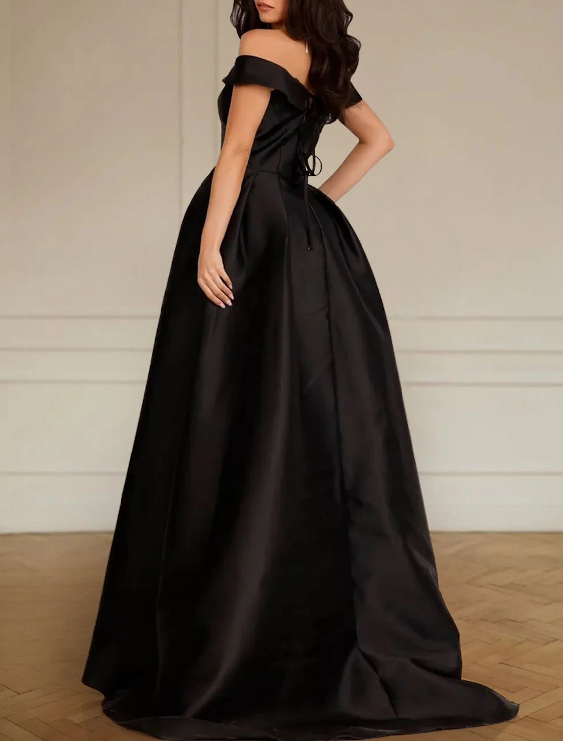 Engagement Formal Black Wedding Dresses A-Line Off Shoulder Sleeveless Sweep / Brush Train Satin Bridal Gowns