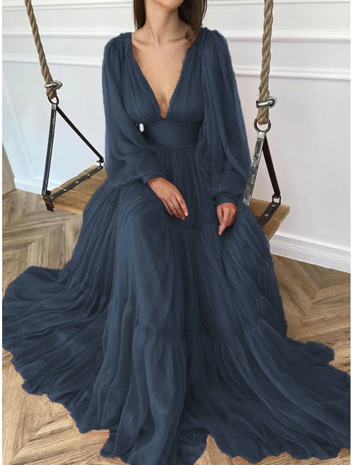 A-Line Evening Gown Elegant Dress Formal Wedding Guest Floor Length Long Sleeve V Neck Chiffon