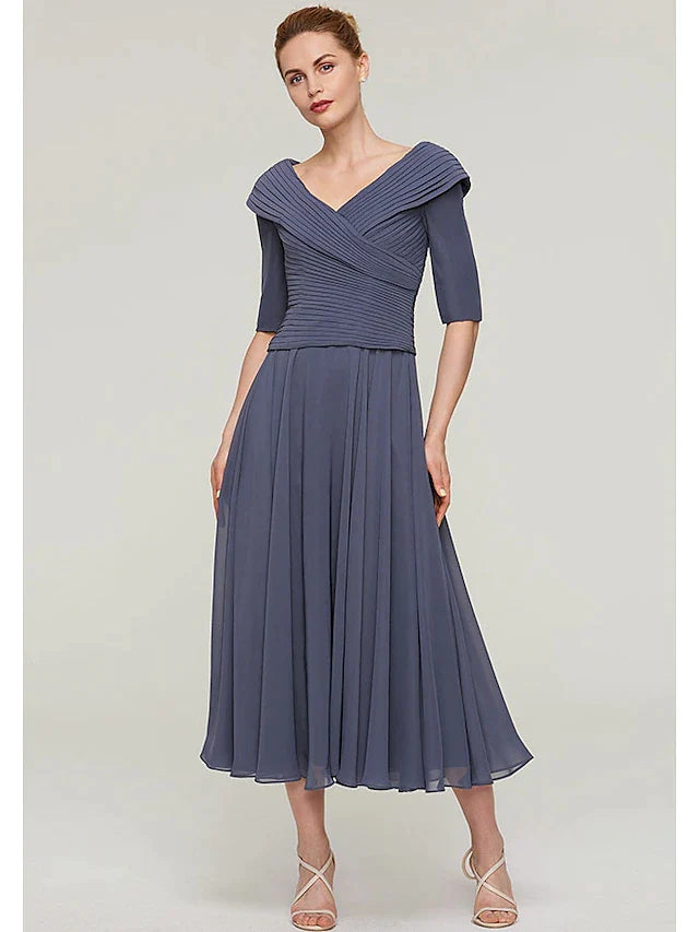 A-Line Mother of the Bride Dress Plus Size V Neck Ankle Length Chiffon Half Sleeve with Pleats