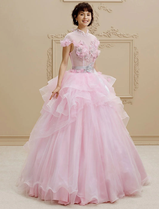 Ball Gown High Neck Floor Length Organza Tulle Wedding Dress with Crystal Beading Bow Flower