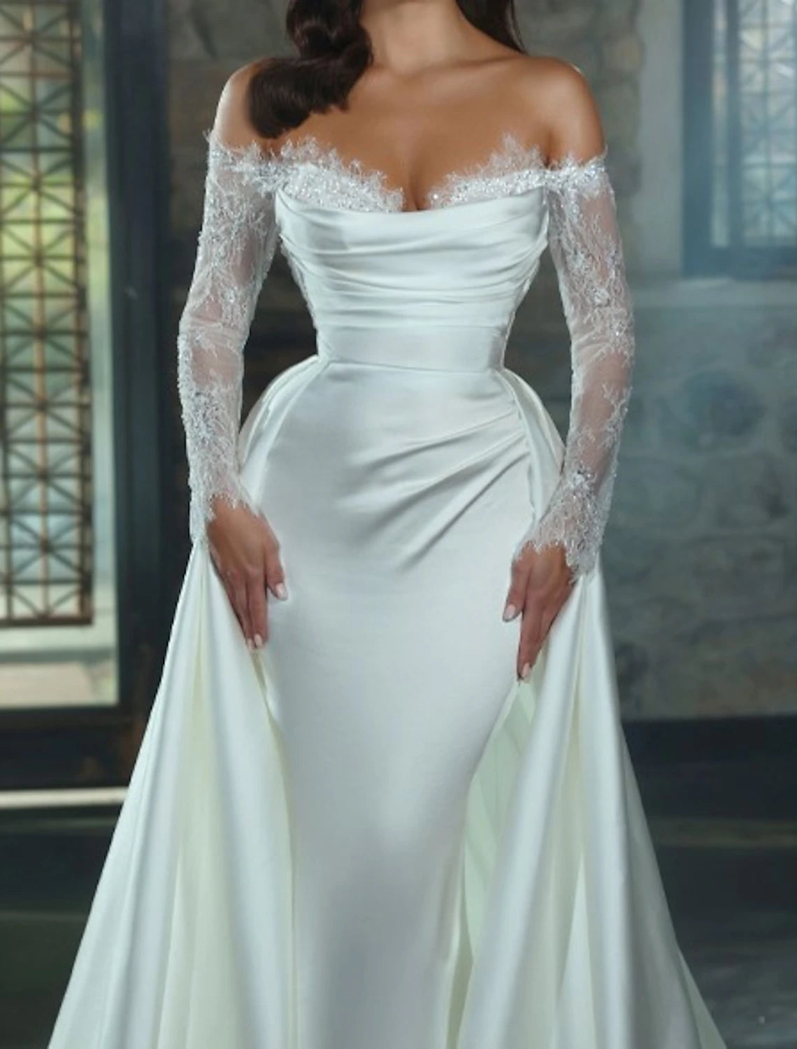 Engagement Formal Wedding Dresses Sheath / Column Off Shoulder Long Sleeve Chapel Train Satin Bridal Gowns