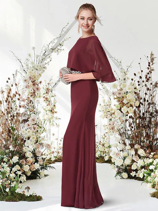 Evening Dress Jewel Neck Half Sleeve Floor Length Chiffon with Sash / Ribbon