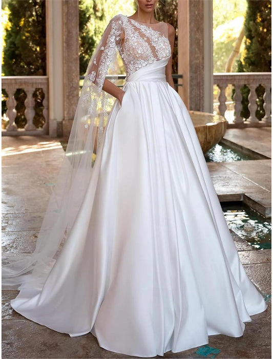 Wedding Dresses Ball Gown Off Shoulder V Neck Regular Straps Chapel Train Satin Bridal Gowns