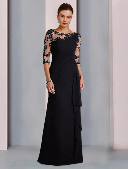 Sheath / Column Mother of the Bride Dress Formal Fall Wedding Guest Dresses Elegant Jewel Neck Floor Length Chiffon Lace 3/4 Length Sleeve with Beading Appliques