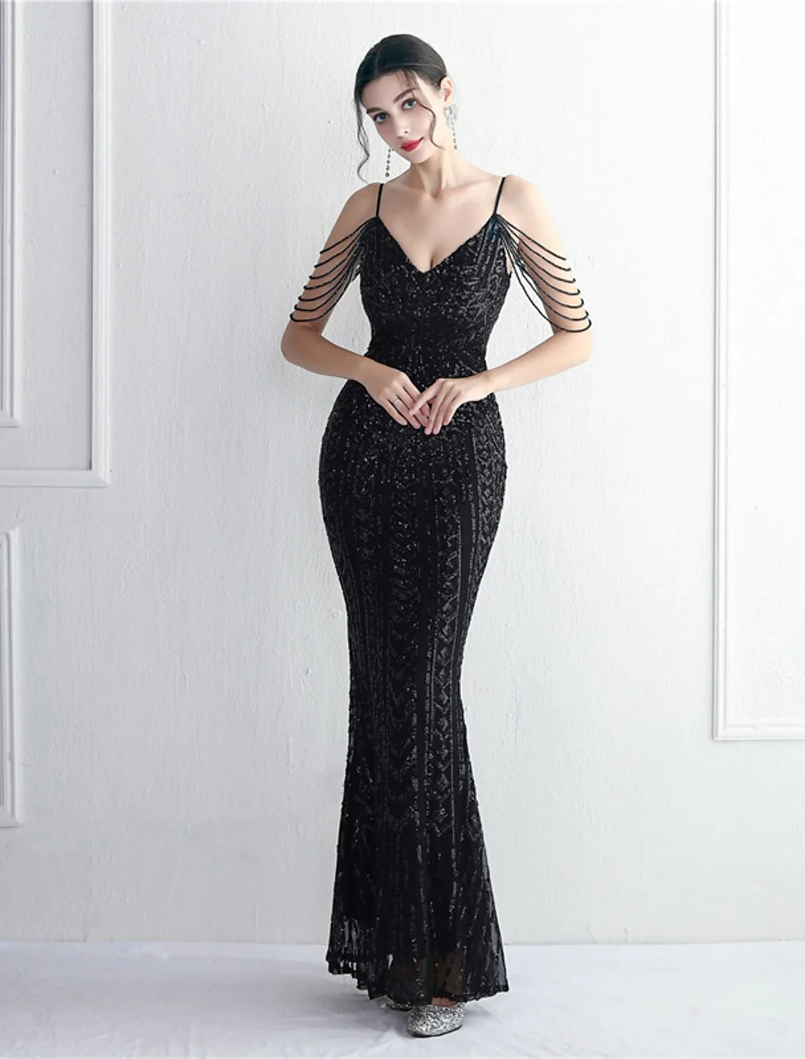 Evening Gown Sparkle & Shine Dress Formal Floor Length Short Sleeve Spaghetti Strap Polyester with Beading Sequin